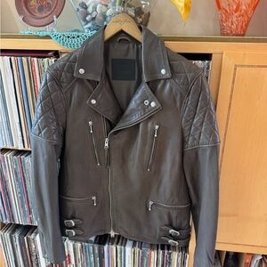 PRICE DROP:AllSaints MEN’S NWT GRAY, LINED,Quilted LAMBSKIN LEATHER Biker JKT,M
